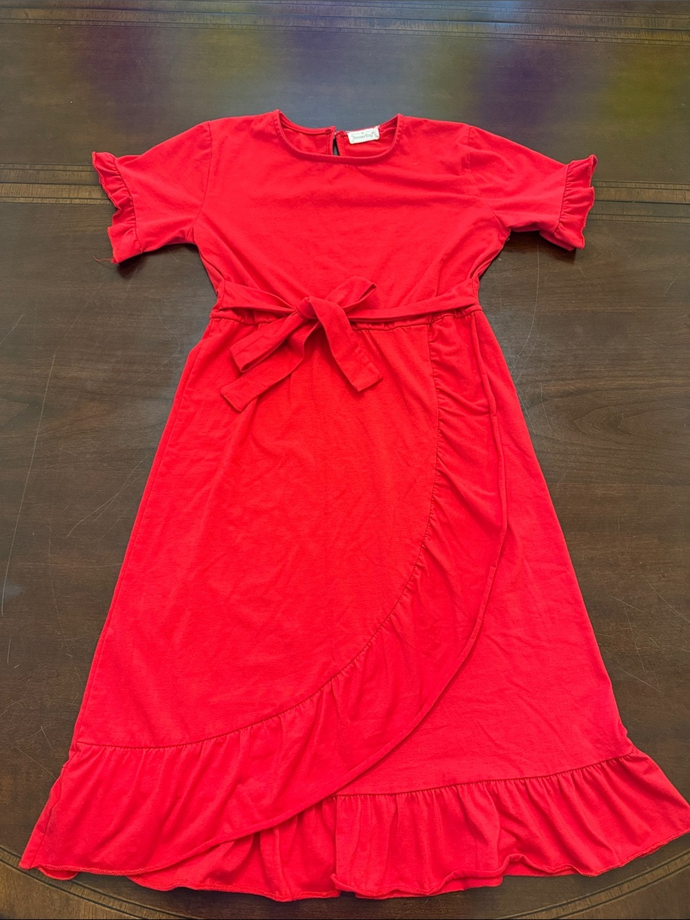Girls' Red Ruffle Wrap-Style Dress with Waist Tie